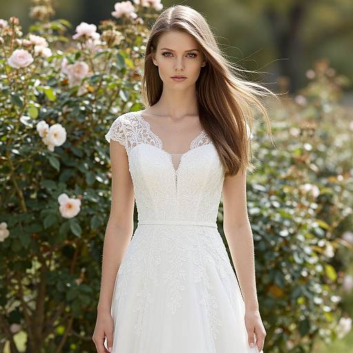 Photograph of a slender, fair-skinned woman with long brown hair wearing a white lace wedding dress, standing in a sunlit garden with blooming