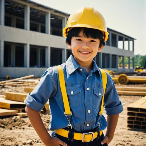 Young Boy in Builder Outfit at Construction Site