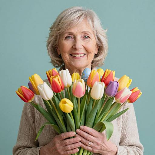 Joyful Senior Woman with Tulips