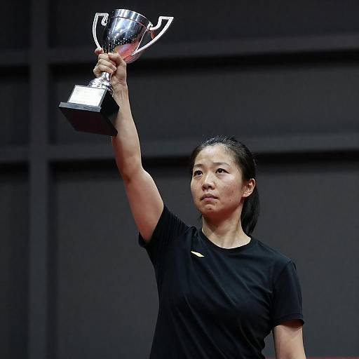 Victorious Asian Woman Lifting Silver Trophy