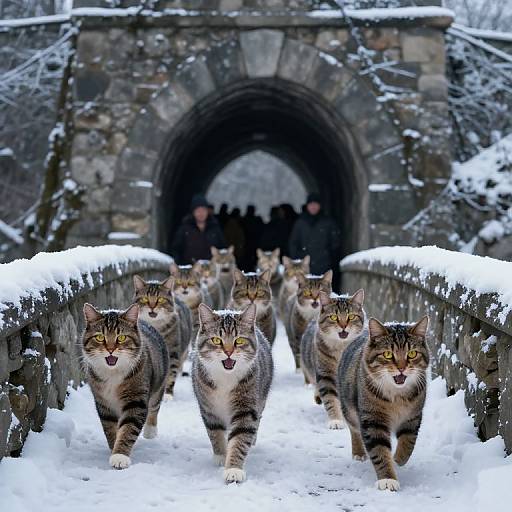 Photograph of seven tabby cats with yellow eyes walking in a snow-covered stone bridge, leading towards a dark, archway stone tunnel in a w