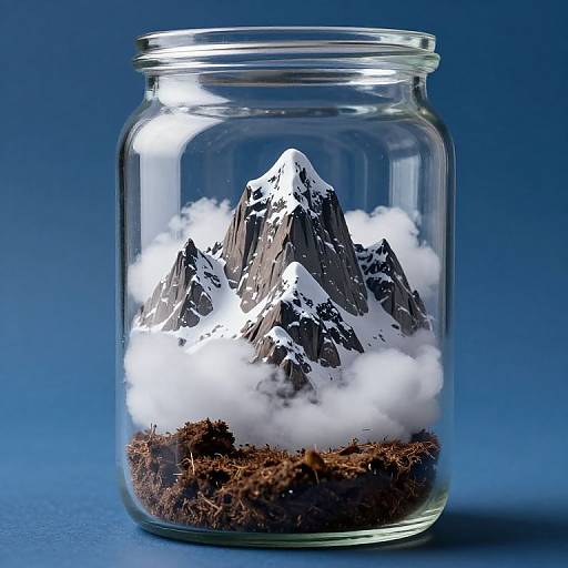 Photograph of a clear glass jar containing a miniature snow-capped mountain, surrounded by white clouds and brown moss, against a blue gradient background.