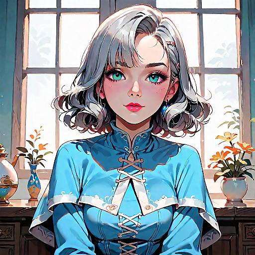 Anime Girl in Blue Dress by Window