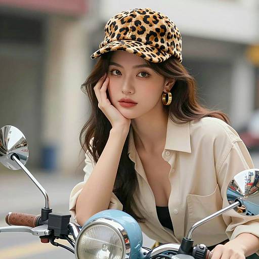 Stylish Asian Woman on Blue Scooter