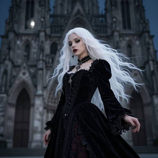 Digital artwork of a pale-skinned, white-haired woman in a black gothic dress, standing in front of a gothic cathedral at night.