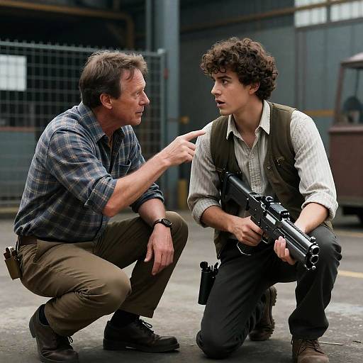 Photograph of two men in a gritty warehouse, one pointing, the other crouching with a gun, both wearing casual, rugged clothing.