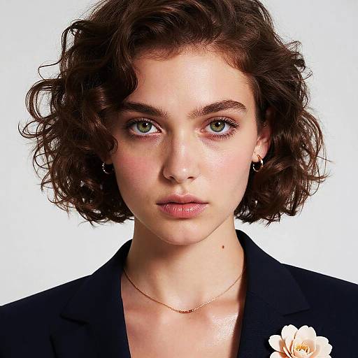 Photograph of a young woman with curly brown hair, green eyes, fair skin, wearing a black blazer, small flower pin, and necklace,