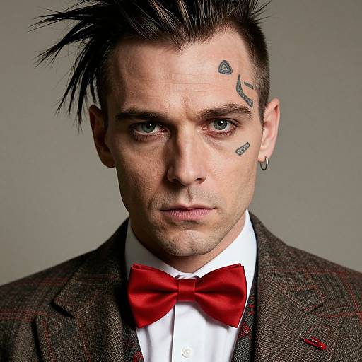 Photograph of a serious, pale-skinned man with spiky black hair, wearing a red bow tie, brown checkered suit, and three black