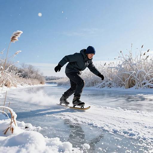 Photograph of a person in black winter clothes and beanie, skateboarding on a frozen river with snow-covered reeds and clear blue sky.