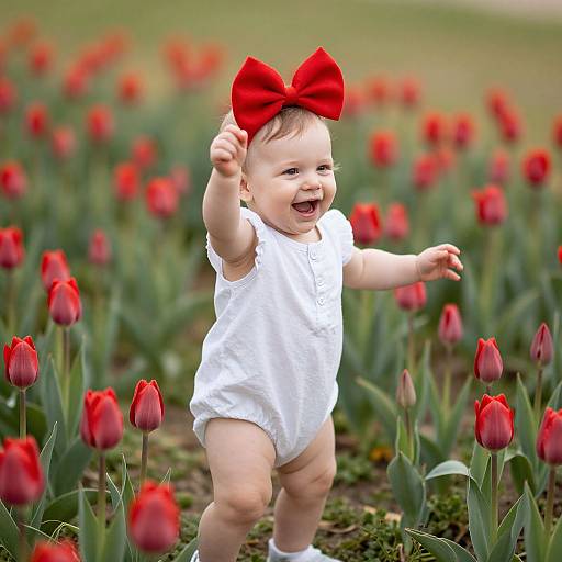 Photograph of a smiling baby in a white onesie and large red bow, joyfully walking through a vibrant red tulip field.