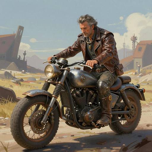 Digital painting of a gray-haired man in a brown leather jacket riding a vintage black motorcycle through a sunlit, ruined town.