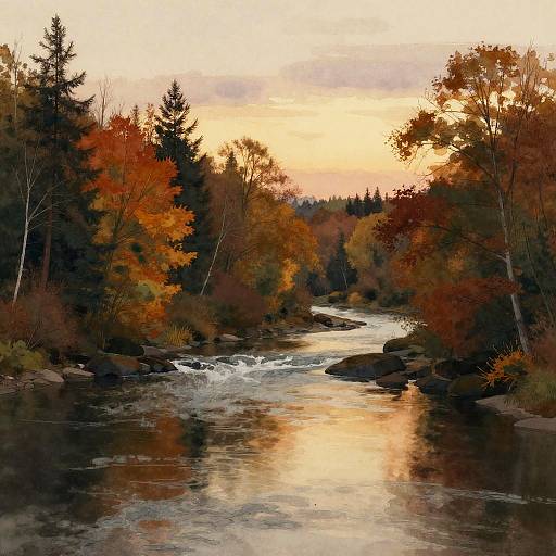 Autumn River Scenic Watercolor