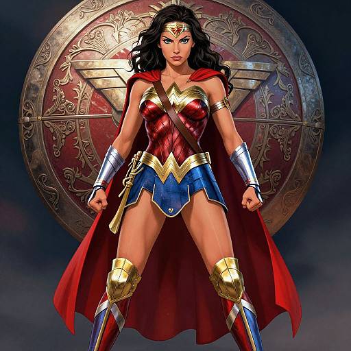 Digital artwork of Wonder Woman standing confidently, wearing iconic red and blue costume, gold armor, red cape, and tiara, with a large, orn