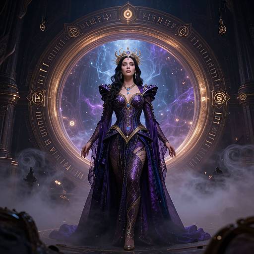 Digital artwork of a regal, dark-haired woman in a purple, ornate gown with a golden crown, standing before a celestial portal in a fog