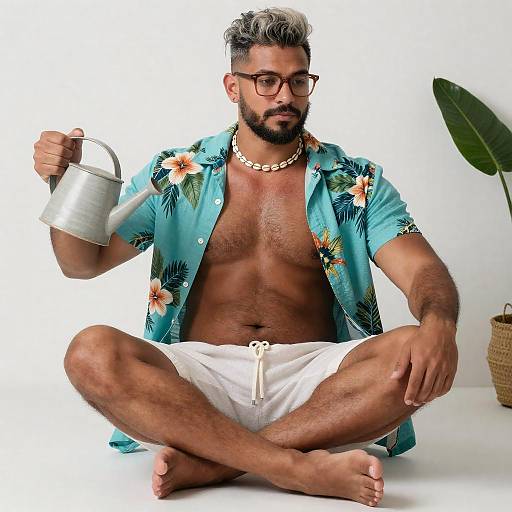 Mature Tropical Gardener, Half-Buttoned Aloha