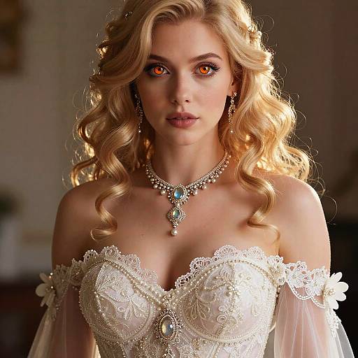 Photograph of a blonde woman with orange eyes, wearing an ornate white lace off-shoulder wedding gown and intricate jewelry, featuring a detailed neckline