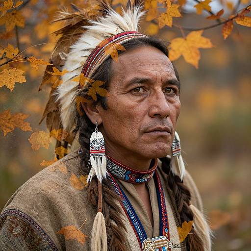 Photograph of a Native American man with brown skin, feathered headband, intricate earrings, and autumn leaves in the background. He wears a brown