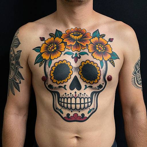 Photograph of a shirtless man with a colorful sugar skull tattoo on his chest, adorned with orange flowers, black and yellow eye sockets, and detailed