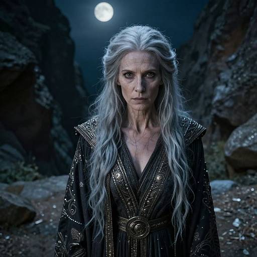 Photograph-style CGI of an elderly woman with long, white, wavy hair, wearing an ornate, black, deep V-neck robe, standing