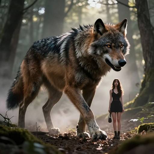 Photorealistic digital artwork of a giant wolf with glowing eyes walking beside a young woman in a black dress in a misty forest.