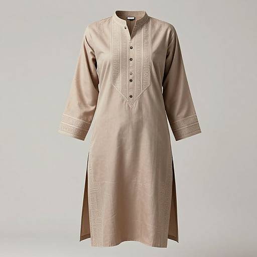 Photograph of a beige, long-sleeved, button-down traditional tunic with intricate embroidered patterns on the collar, cuffs, and hem, set