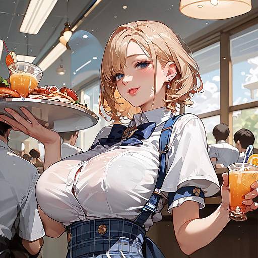 Anime Style Waitress Serving Drinks and Food