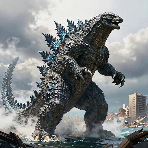 Digital artwork of a massive, spiky, blue-grey Godzilla emerging from turbulent ocean waters, destroying a city with skyscrapers in the background.