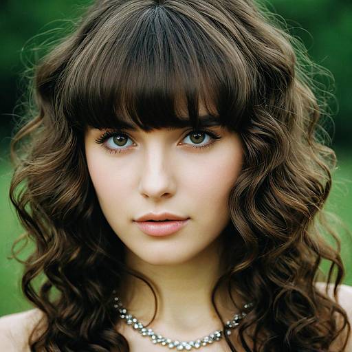Young woman with long curly brown hair and necklace