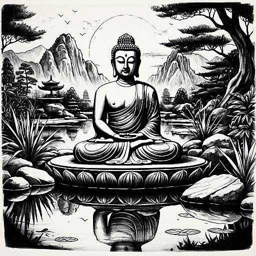 Serene Buddha Statue with Zen Pond