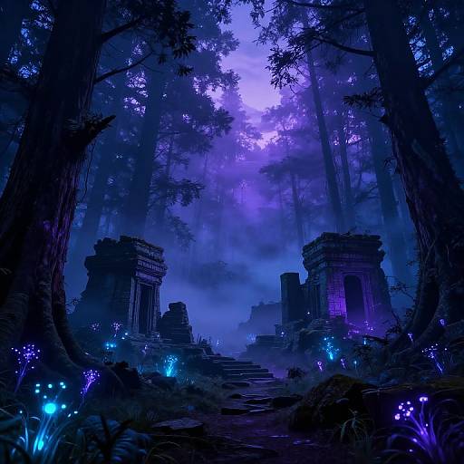 Digital fantasy artwork of a mystical forest at night, featuring glowing blue-purple lights, ancient stone ruins, and towering trees under a purple moonlit sky.