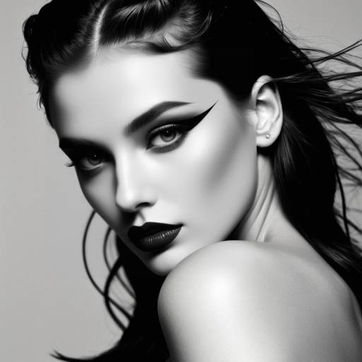 Black and White Portrait of Woman with Dramatic Eye Makeup