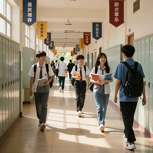 Photograph of Asian high school students in uniforms walking down a brightly lit hallway with lockers and Chinese flags. Sunlight filters through windows, casting shadows