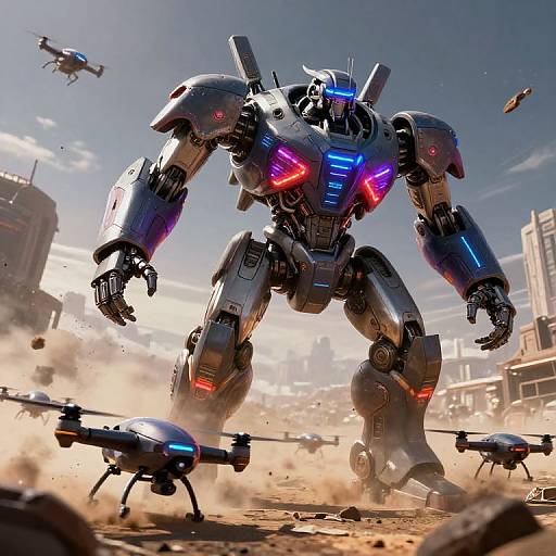 CGI image of a massive, futuristic, blue and red glowing robotic warrior standing in a dusty, war-torn city with drones and flying machines around