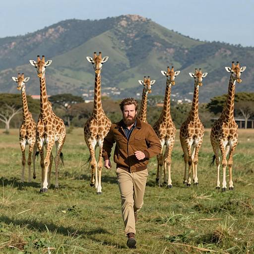 Man Running with Giraffes in African Savanna