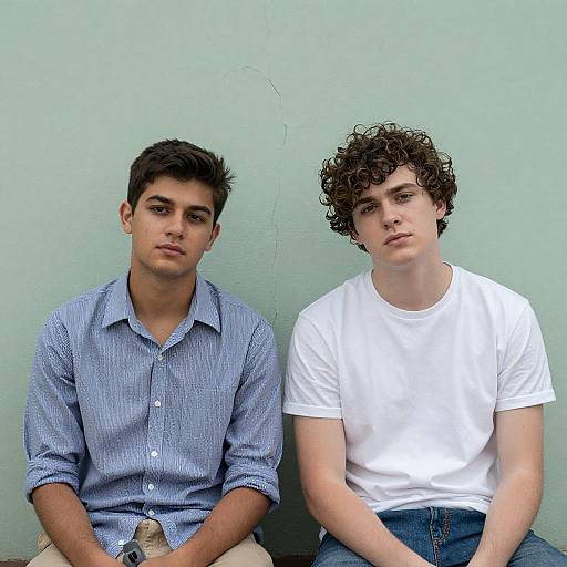 Two Young Men Against Cracked Green Wall