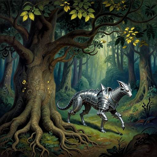 Digital fantasy artwork of a armored, silver, mythical wolf with a pointed snout, walking through a dense, enchanted forest with glowing yellow leaves and intricate