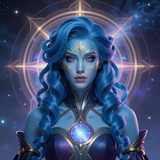 Futuristic Blue-Skinned Woman with Glowing Emblem