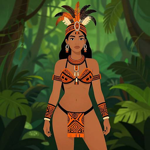 Digital illustration of a Native American woman with dark skin, black hair, and orange-black tribal attire, standing in a lush jungle, wearing a feathered