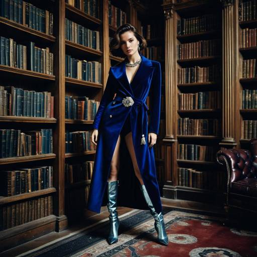 Woman in Indigo Velvet Coat in Antique Library