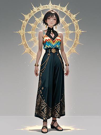 Stylish Woman in Bohemian Outfit with Gold Accents