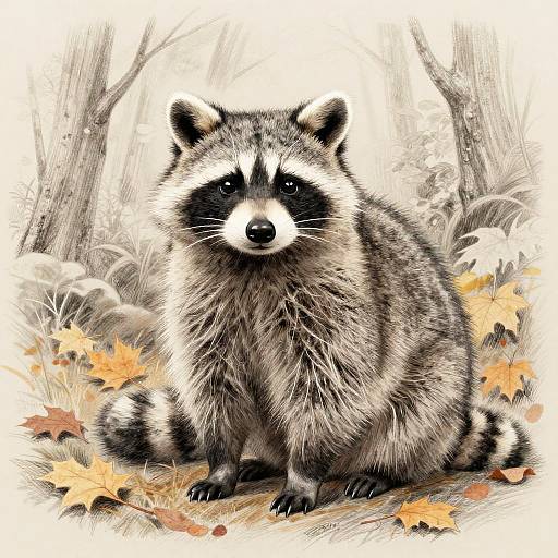 Colorful digital drawing of a realistic raccoon with black and white face, sitting on a forest floor with autumn leaves.