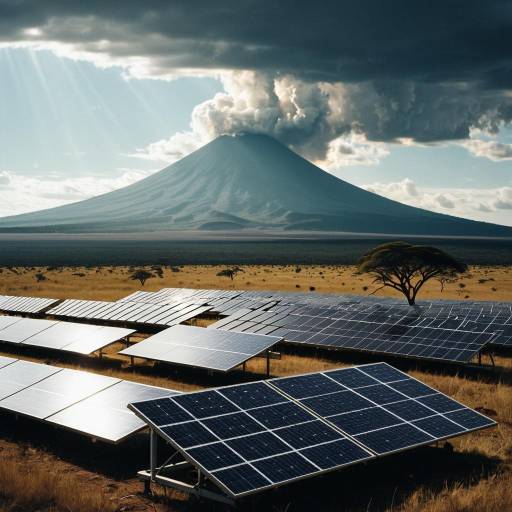 Solar Panels with Smoking Volcano in Savanna