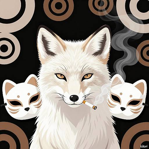White Fox Illustration with Cigarette and Masks