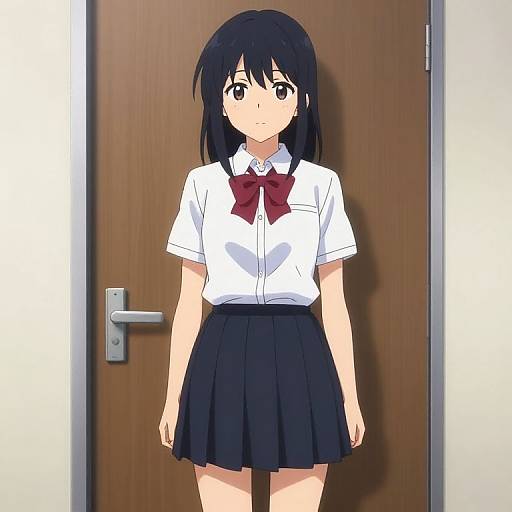 Anime-style digital drawing of a shy teenage girl with black hair and brown eyes, wearing a white shirt, red bowtie, and black skirt, standing