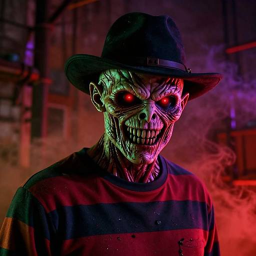 Photograph of a terrifying, glowing-eyed, skeletal figure in a black hat and red-striped shirt, illuminated by neon red and green lights, with mist
