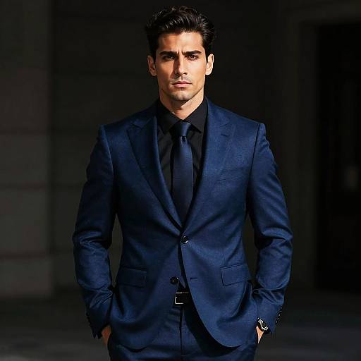 Photograph of a handsome man with dark hair, wearing a navy blue suit, black shirt, and tie, standing confidently with hands in pockets, against