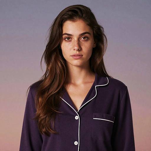 Photograph of a young woman with long, wavy brown hair, wearing a black button-up shirt with white trim, against a gradient purple-to-p