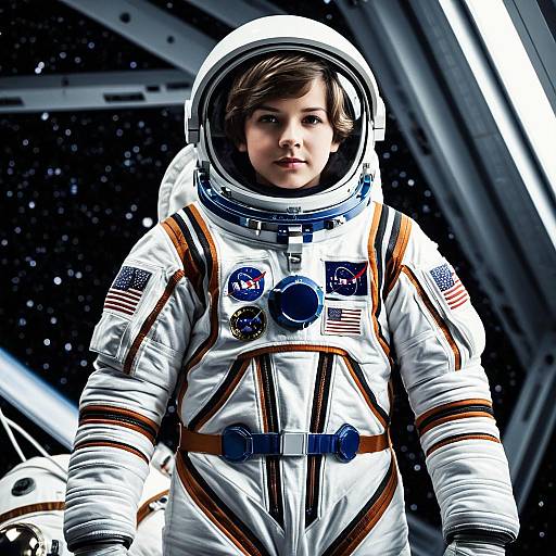 Young Boy in NASA Spacesuit in Space Station