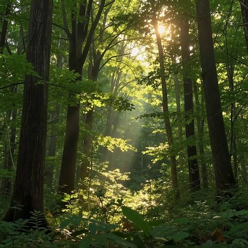Photograph of a sunlit, dense forest with tall, dark trees and bright, green leaves; sunlight streams through the canopy, creating a magical,