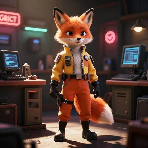 Cyberpunk Fox Mechanic in Neon Shop